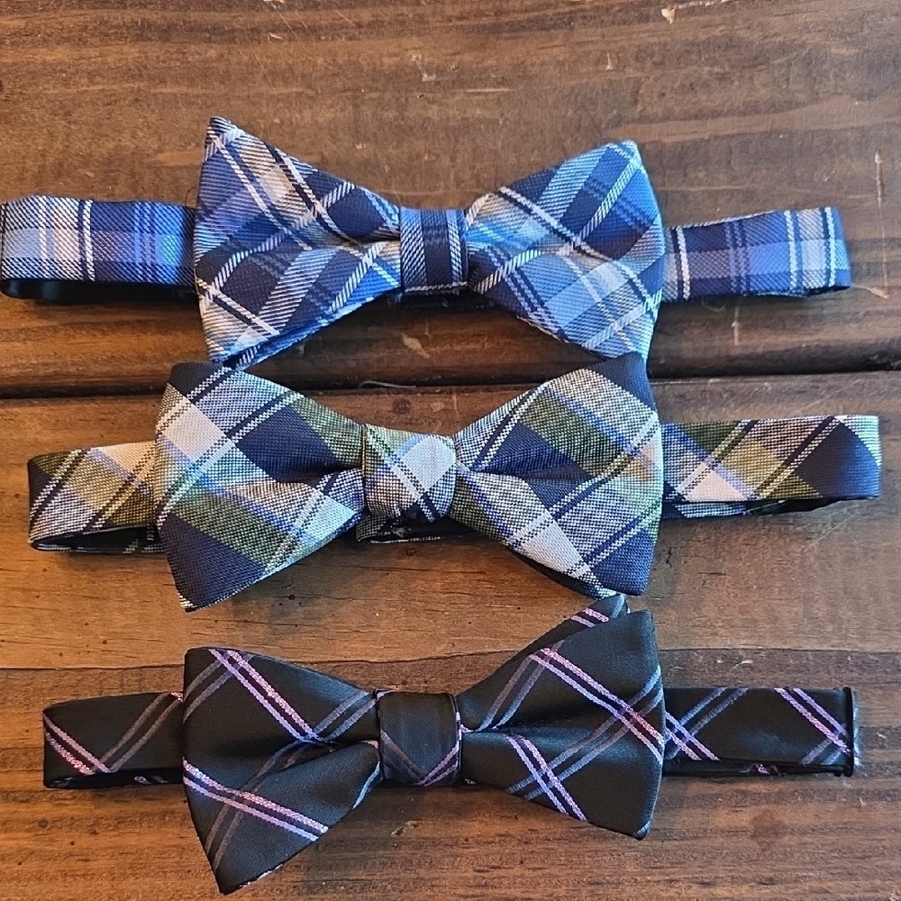 Set Of 3 Plaid Bow Tie Set - Blue, Green, Black Adjustable Size